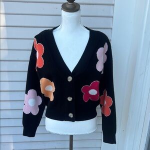 Chic Black Cardigan with Floral Accents